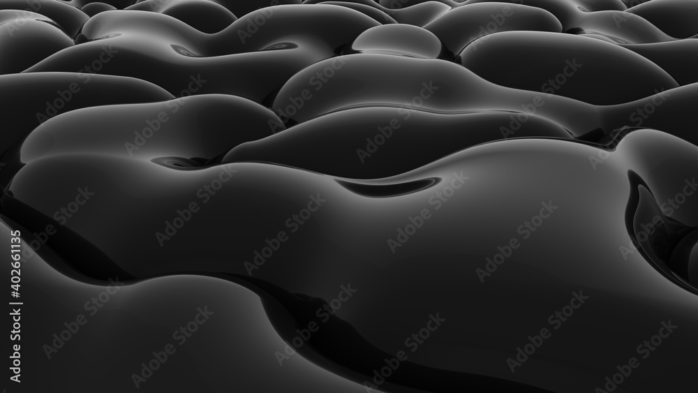 Obraz premium Abstract black background. Smooth black wave. Glossy Plastic. Dark luxury texture. Oil, petroleum. Black tar, gum. 3d rendering