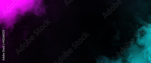 Abstract blue and pink smoke on the floor . Isolated black background . Misty fog effect texture overlays for text or space . Stock illustration.