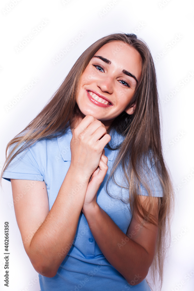 young pretty teenage hipster girl posing emotional happy smiling on white background, lifestyle people concept young pretty teenage hipster girl posing emotional happy smiling on white background, lifestyle people concept