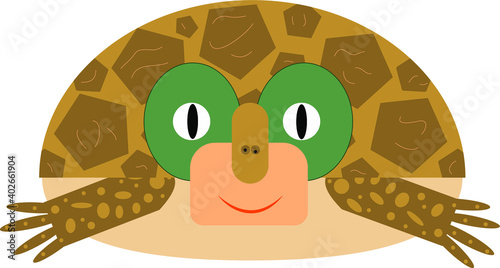 Cute Cartoon turtle illustration.  Brown land turtle with large green eyes. Vector illustration. EPS10