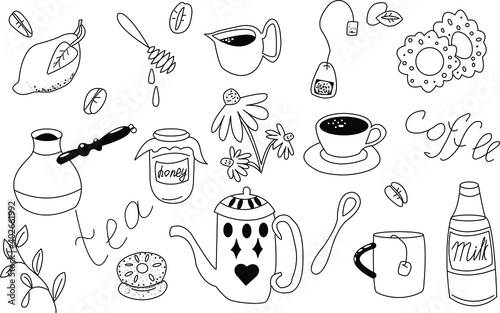 Coffee-tea big set. Vector doodle illustration. Here lemon, coffee beans, coffee pot, honey jar, honey spoon, milk jug, teapot, tea bag, crackers, echinacea flowers, cup of coffee, mug of tea teaspoon
