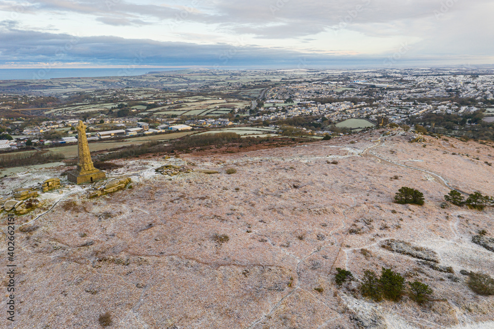 Early morning flight around Carn Brea, Redruth, Cornwall