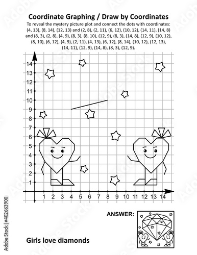 Coordinate graphing, or draw by coordinates, math worksheet with St Valentine's Day mystery picture "Girls love diamonds": To reveal the mystery picture plot and connect the dots with given coordinate