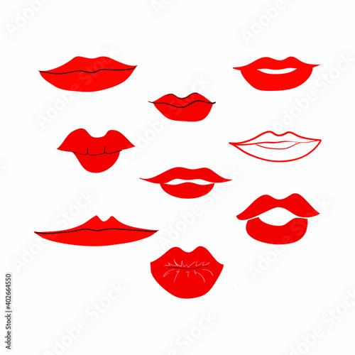 Collection hand drawn red lips isolated on white. Vector illustration for Valentine s day  wedding card  ads  web  icon