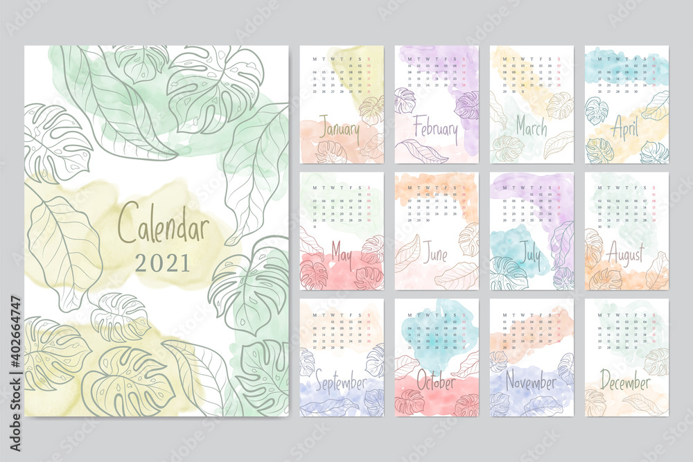 Abstract watercolor new year 2021 calendar pack