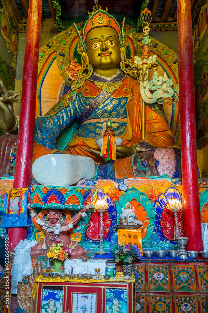 Fototapeta premium Statue of Guru Rinpoche (Padmasambhava) at Hemis monastery in Leh, Ladakh, Jammu and Kashmir