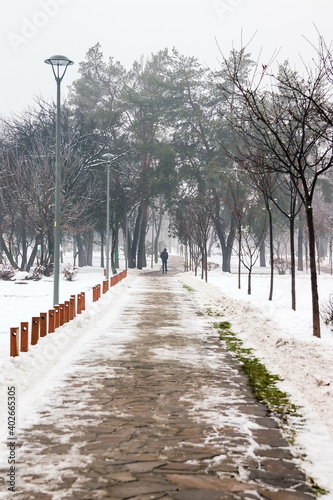 Footpath and snow covered trees in a winter city park. Melting snow and light fog in the city winter park. Benches along the road. People walking along the road in the park © decorator
