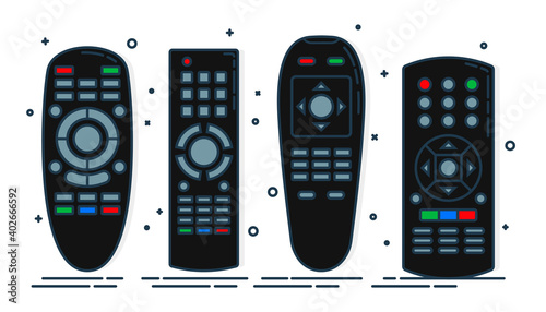 Hand remote control. Multimedia panel with shift buttons. Four design options. Program device. Wireless console. Universal electronic controller. Color isolated flat illustration on white background