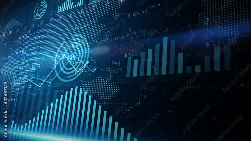 Digital data financial investment trends, Financial business diagram with charts and stock numbers showing profits and losses over time dynamically, Business and finance background 4K animation