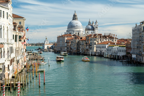 Venice March 2020 during lockdown. View from bridge Ponte dell’Accademia in direction of Santa Maria della Salute.