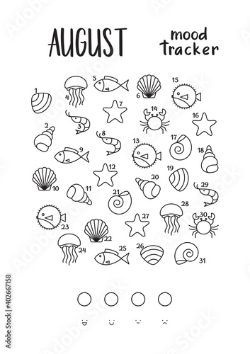 Vecteur Stock A4 print mood tracker for August. Various sea inhabitants  (shell, starfish, fish, jellyfish, shrimp). Tracker for tracking your daily  mood for 31 days | Adobe Stock