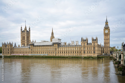 Panoramic landscape of River Thames and Palace of Westminster with Big Ben from Westminster Bridge. London, UK.