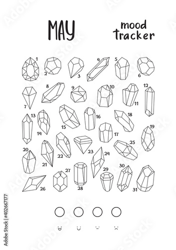 A4 print mood tracker for May with crystals. Tracker for tracking your daily mood for 31 days