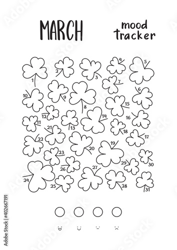 A4 print mood tracker for Marc with shamrock, clover, trefoil. Tracker for tracking your daily mood for 31 days