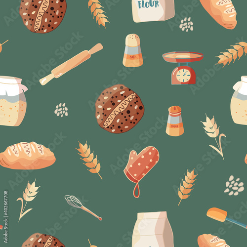 Bread baking set pattern. Endless texture on grey-blue background. Cartoon flat vector. For wrapping paper, textile, wallpaper, fabric print. photo