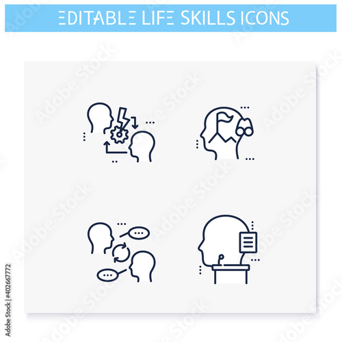 Life skills line icons set. Personality strengths.Diplomacy, oratory, leadership, communication and more.Soft skills concept. Human resources management. Isolated vector illustrations.Editable stroke 