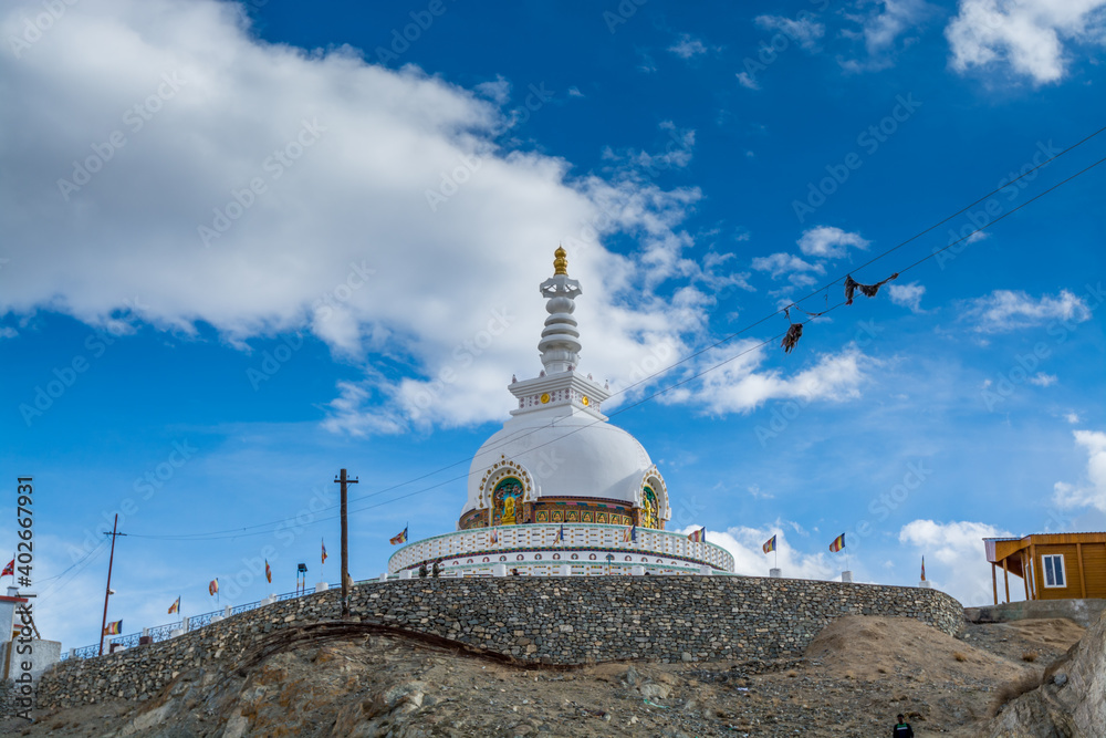 Shanti Stupa, a Buddhist white-domed stupa (chorten) on the top of Chanspa, Leh city, Ladakh of the   Jammu and Kashmir