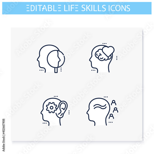 Life skills line icons set.Personality strengths. Cognitivity, influence, emotional intelligence and more. Soft skills concept.Human resources management.Isolated vector illustrations.Editable stroke 