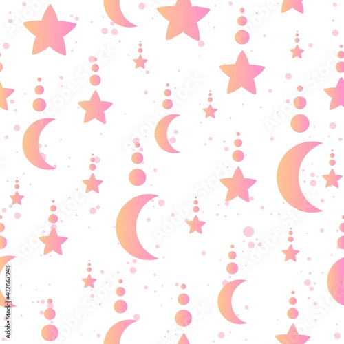 Minimalistic celestial seamless pattern with moons and stars with circles on top. Repetitive background with pink gradient. Conceptual sleep wallpaper for babies and kids.
