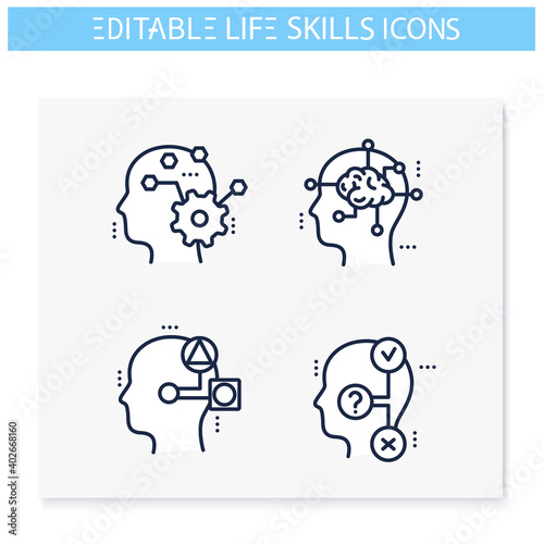 Life skills line icons set. Personality strengths. Critical, lateral, system thinking and more. Soft skills concept. Human resources management. Isolated vector illustrations. Editable stroke 