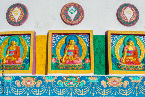 Buddha sculptures of Shanti Stupa, a Buddhist white-domed stupa (chorten) on the top of Chanspa, Leh city, Ladakh of the north Indian controlled Jammu and Kashmir