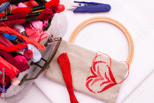 A pouch with embroidery lies next to a box of threads, top view