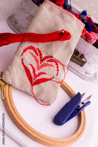 The embroidery bag is next to the thread box.