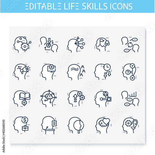 Life skills line icons set. Personality strengths. Cognitivity, influence, timeliness and more. Soft skills concept. Human resources management. Isolated vector illustrations. Editable stroke 