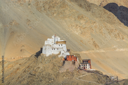 Namgyal Tsemo Monastery with background of Himalayas mountains and  beautiful evening light, view from Shanti Stupa,  Leh, Ladakh, India controlled Jammu and Kashmir photo