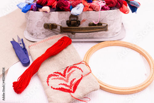 The embroidery bag is next to the thread box.