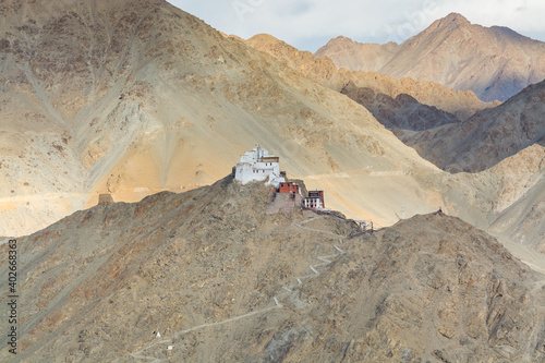 Namgyal Tsemo Monastery with background of Himalayas mountains and  beautiful evening light, view from Shanti Stupa,  Leh, Ladakh, India controlled Jammu and Kashmir photo