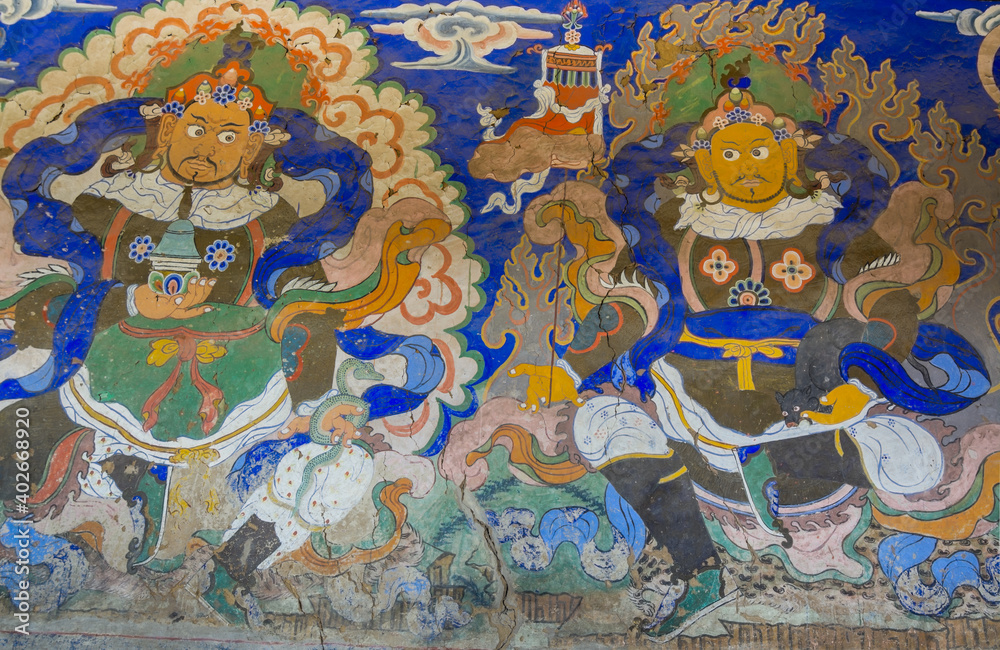 Colorful Mural paintings in Thiksey Monastery in Leh-Ladakh,  Kashmir