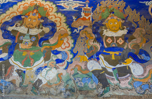 Colorful Mural paintings in Thiksey Monastery in Leh-Ladakh, Kashmir