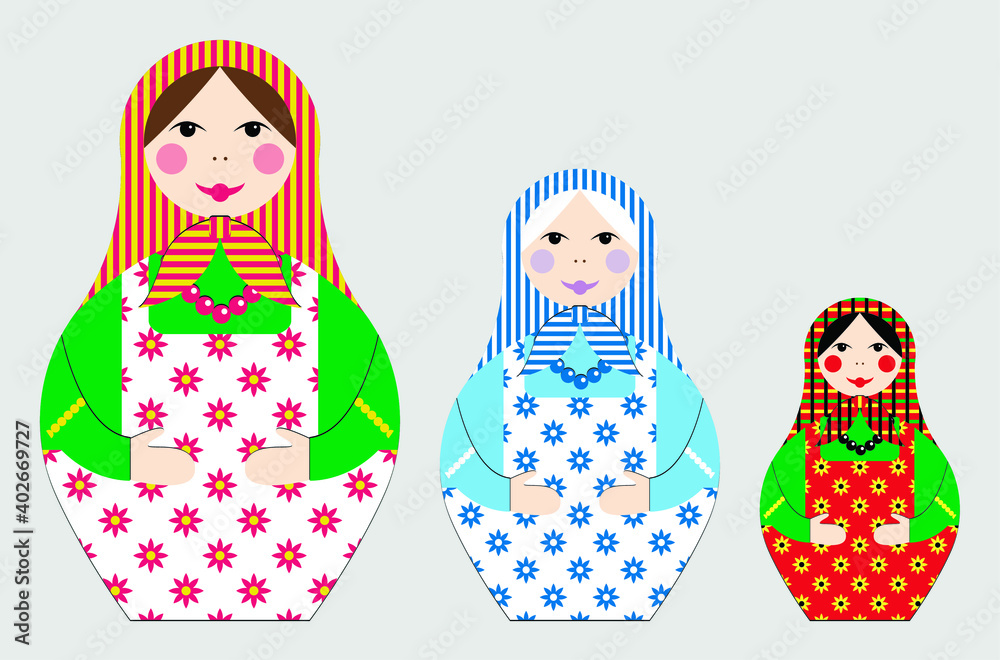 Set of traditional Russian souvenirs - three bright matryoshka dolls of different sizes with colorful ornaments isolated close-up Set of traditional Russian souvenirs - three bright matryoshka dolls of different sizes with colorful ornaments isolated close-up