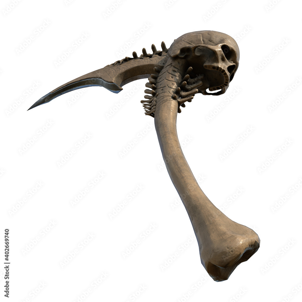 Fototapeta premium fantasy ritual sickle, weapon with a skull, on an isolated white background. 3d illustration