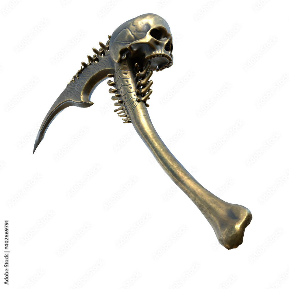 fantasy ritual sickle, weapon with a skull, on an isolated white background. 3d illustration fantasy ritual sickle, weapon with a skull, on an isolated white background. 3d illustration