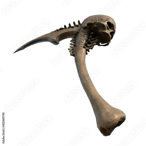 fantasy ritual sickle  weapon with a skull  on an isolated white background. 3d illustration