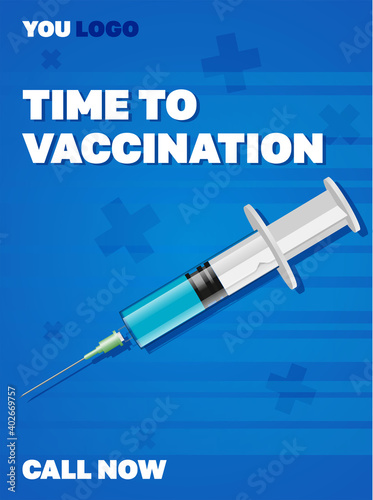 Time to vaccinate banner - syringe with vaccine for COVID-19, flu or influenza and a family