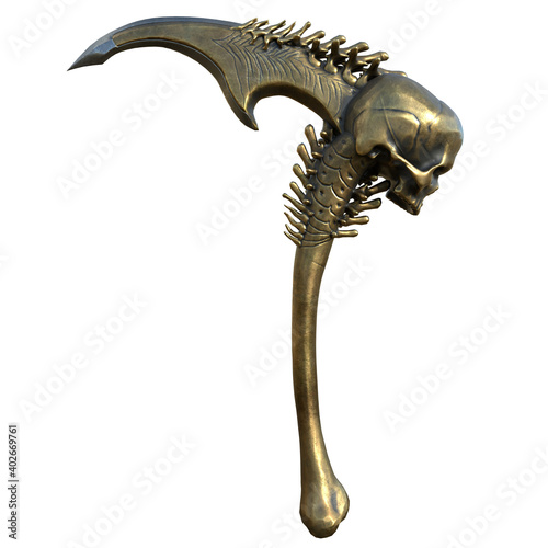 fantasy ritual sickle  weapon with a skull  on an isolated white background. 3d illustration