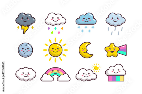 Cute Cloud Weather, Sun, Moon, Star, Planet And Rainbow