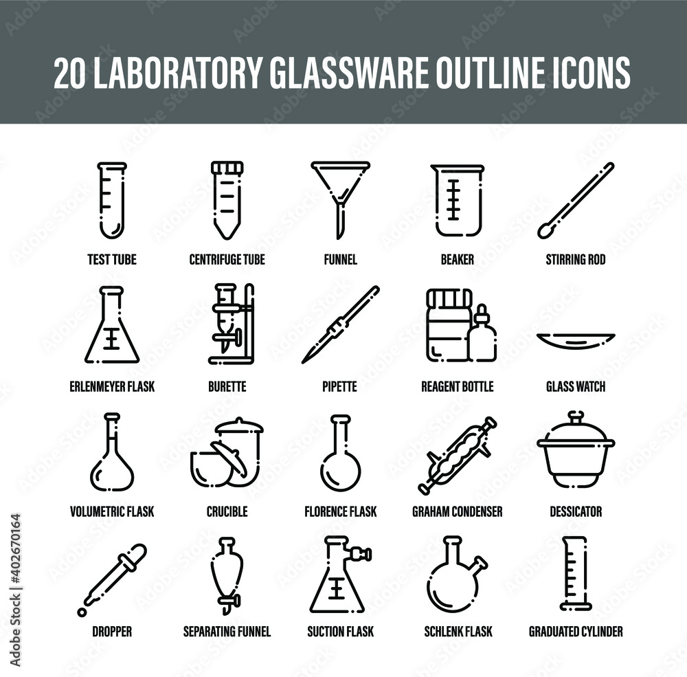 laboratory glassware icon set outline. science icon glassware. chemistry  glassware vector. chemistry icon set Stock Vector | Adobe Stock