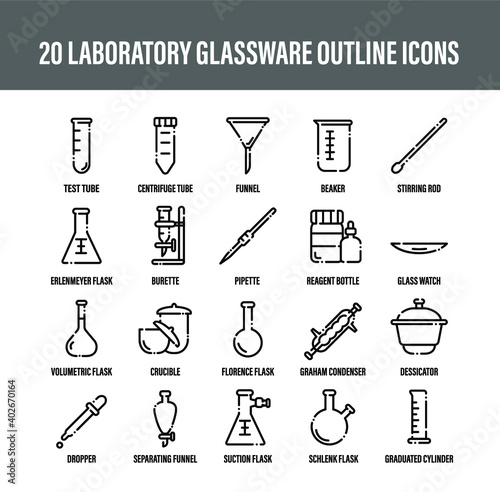 laboratory glassware icon set outline. science icon glassware. chemistry glassware vector. chemistry icon set