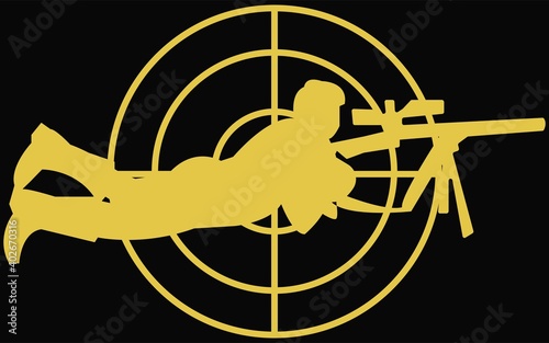 Golden silhouette of hunter on black background. Human hunter icon. Shooter with rifle. Vector illustration. perfect for t-shirt designs, backgrounds etc.