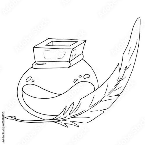 Inkwell with a feather. Vector vintage inkwell with feather.