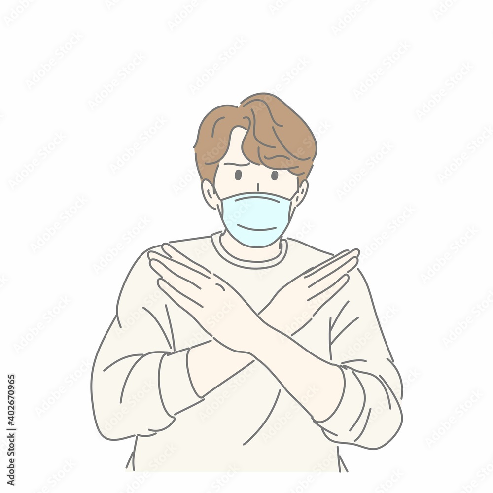 Man wearing mask and gesturing hand in no COVID-19 concept. Man wearing mask and gesturing hand in no COVID-19 concept.