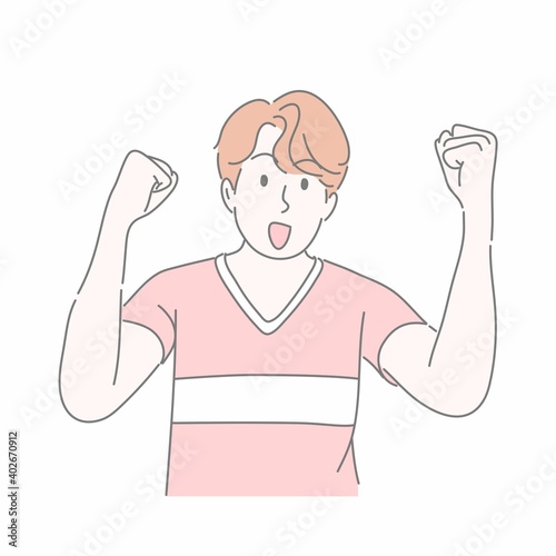 Amazed man gesturing with raise he hand. amazed, shocking, surprise, happy concept.