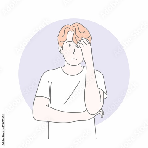 Man gesturing with hand in concept not sure, question, find answer, thinking.