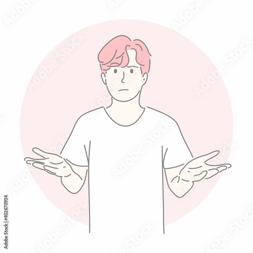 Man gesturing with hand in concept not sure, question, find answer, thinking.