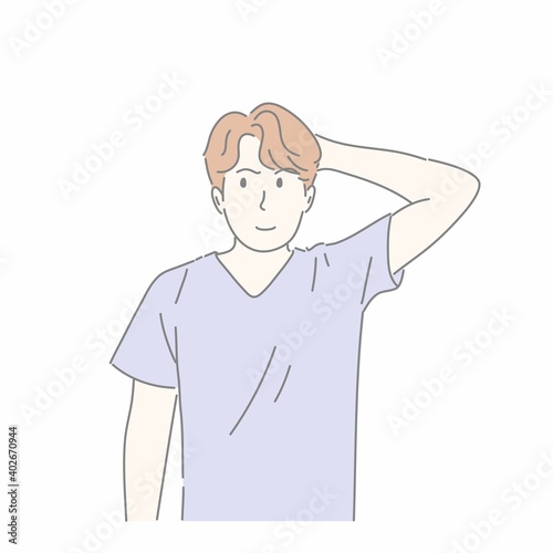 Man gesturing with hand in concept not sure, question, find answer, thinking.