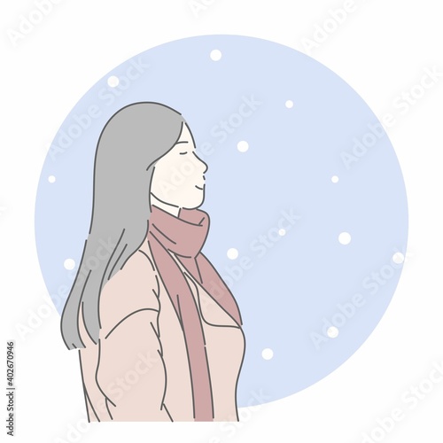 Woman wearing cloth in winter season. Hand drawn character style.